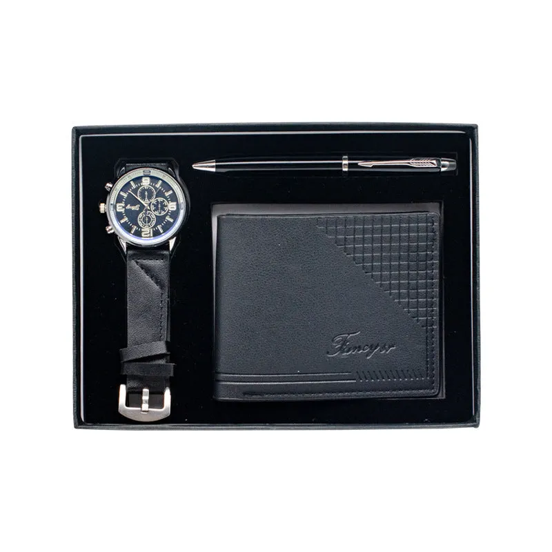 Brown and black wallet pen watch gift sets with modern simple style gift box packaging