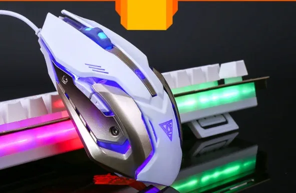 Colourful luminous wired USB mouse with ergonomic shape, 6 buttons, and 1.6m cable on a desk
