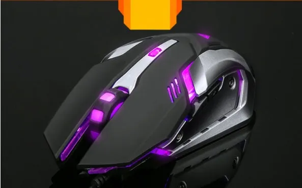 Colourful luminous wired USB mouse with ergonomic shape, 6 buttons, and 1.6m cable on a desk