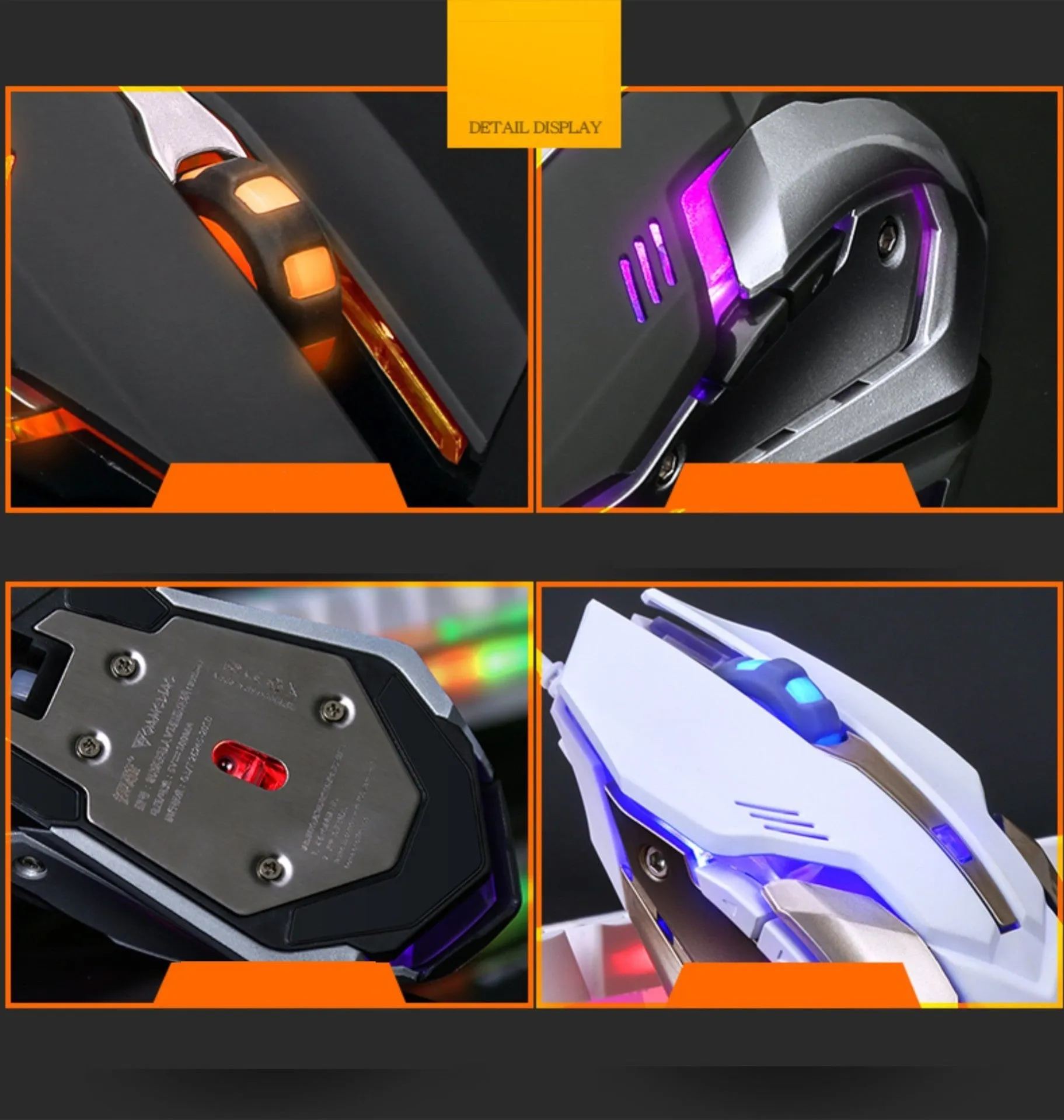 Colourful luminous wired USB mouse with ergonomic shape, 6 buttons, and 1.6m cable on a desk