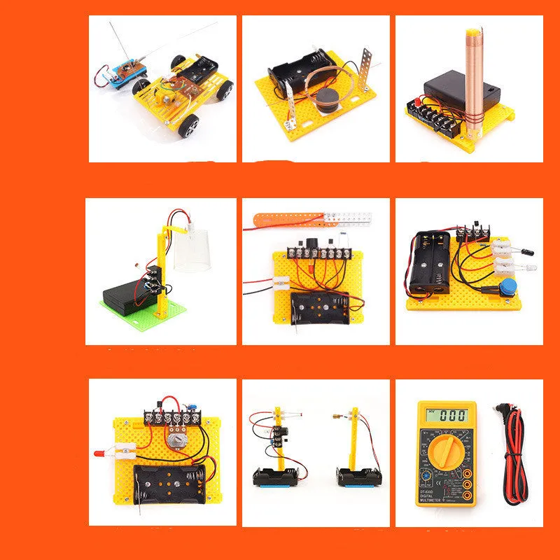 Plastic DIY electronic science experiment set with solar fan, hand generator, simple motor, and music doorbell for children ages 7-14