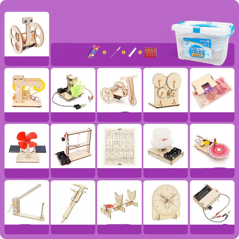 Wooden science kit with parts and accessories for children aged 7 to 14