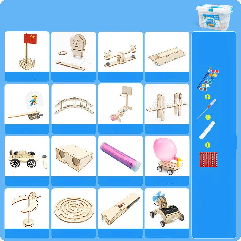 Wooden science kit with parts and accessories for children aged 7 to 14