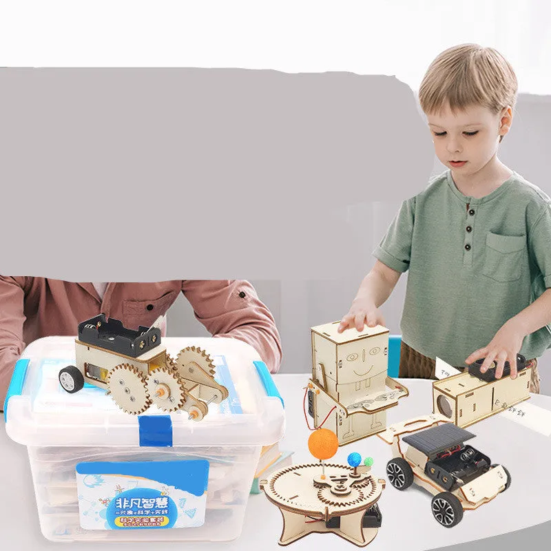 Wooden science kit with parts and accessories for children aged 7 to 14