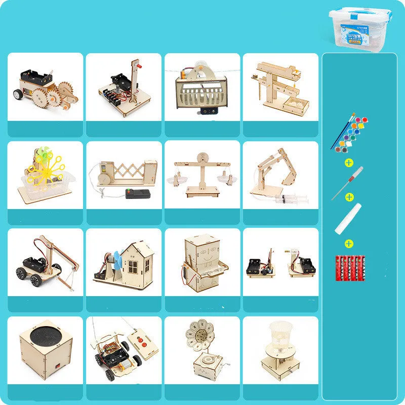 Wooden science kit with parts and accessories for children aged 7 to 14
