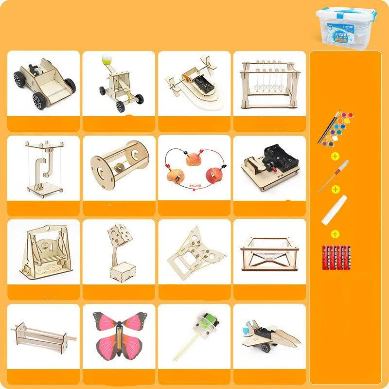 Wooden science kit with parts and accessories for children aged 7 to 14