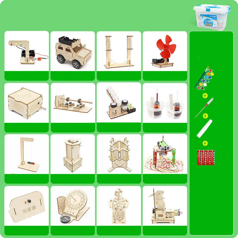 Wooden science kit with parts and accessories for children aged 7 to 14