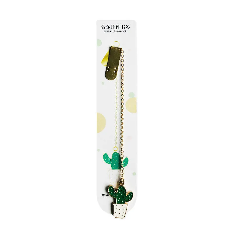 Creative small metal pendant bookmark with 10.3cm chain, available in multiple style options on white background