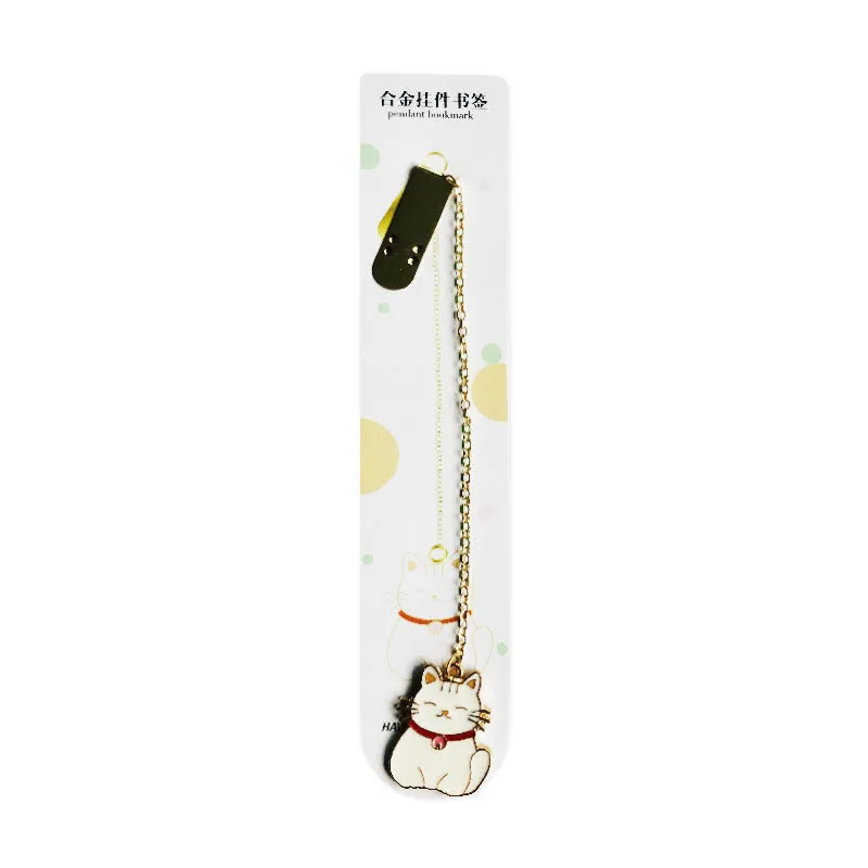 Creative small metal pendant bookmark with 10.3cm chain, available in multiple style options on white background