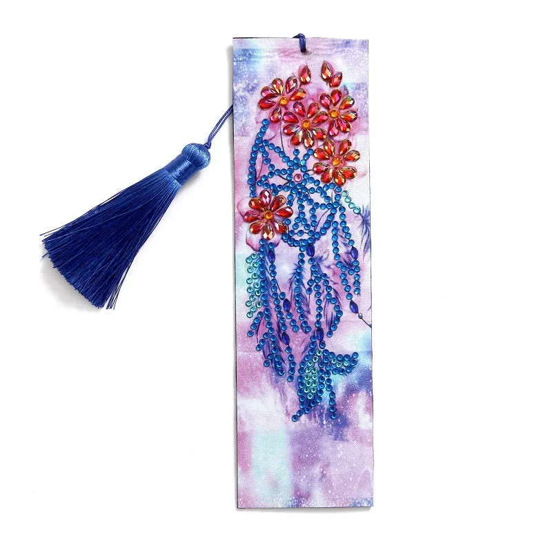 Diamond painting bookmark DIY kit with leather base, special-shaped diamonds, frameless design, 21cm height 6cm width, and pendant