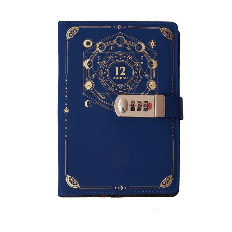 A5 password book diary with fingerprint lock, imitation leather hard cover, open to show 100 pages