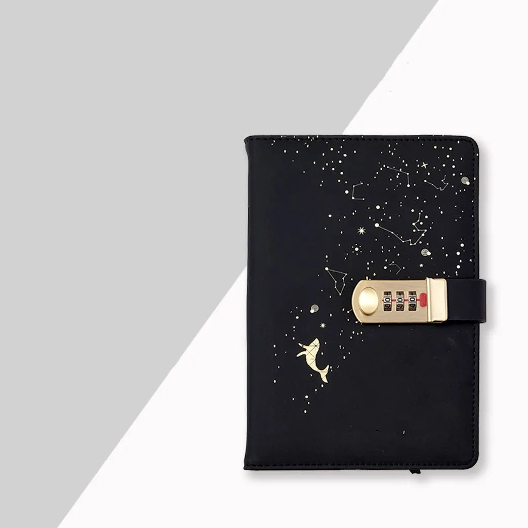 A5 password book diary with fingerprint lock, imitation leather hard cover, open to show 100 pages