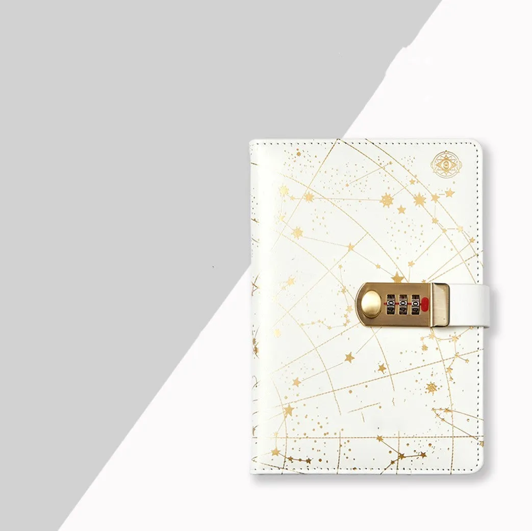 A5 password book diary with fingerprint lock, imitation leather hard cover, open to show 100 pages