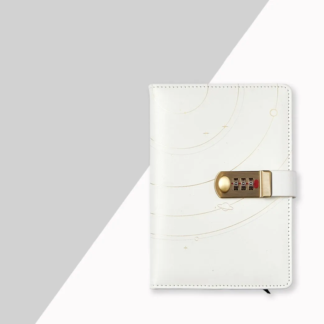 A5 password book diary with fingerprint lock, imitation leather hard cover, open to show 100 pages