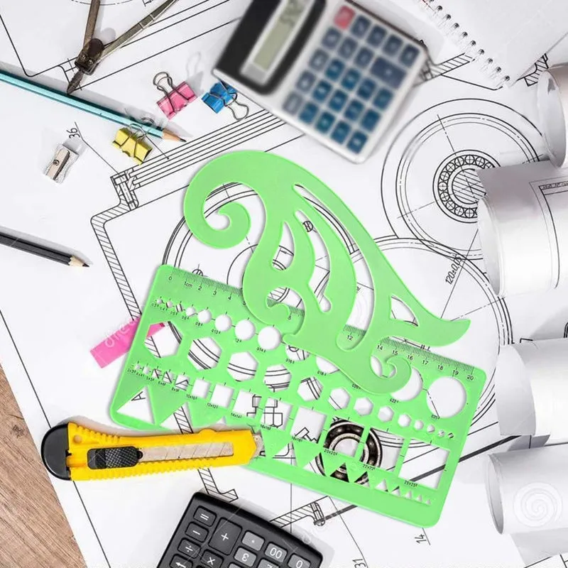 Set of 11 clear green plastic geometric drawing templates with poly zipper envelope