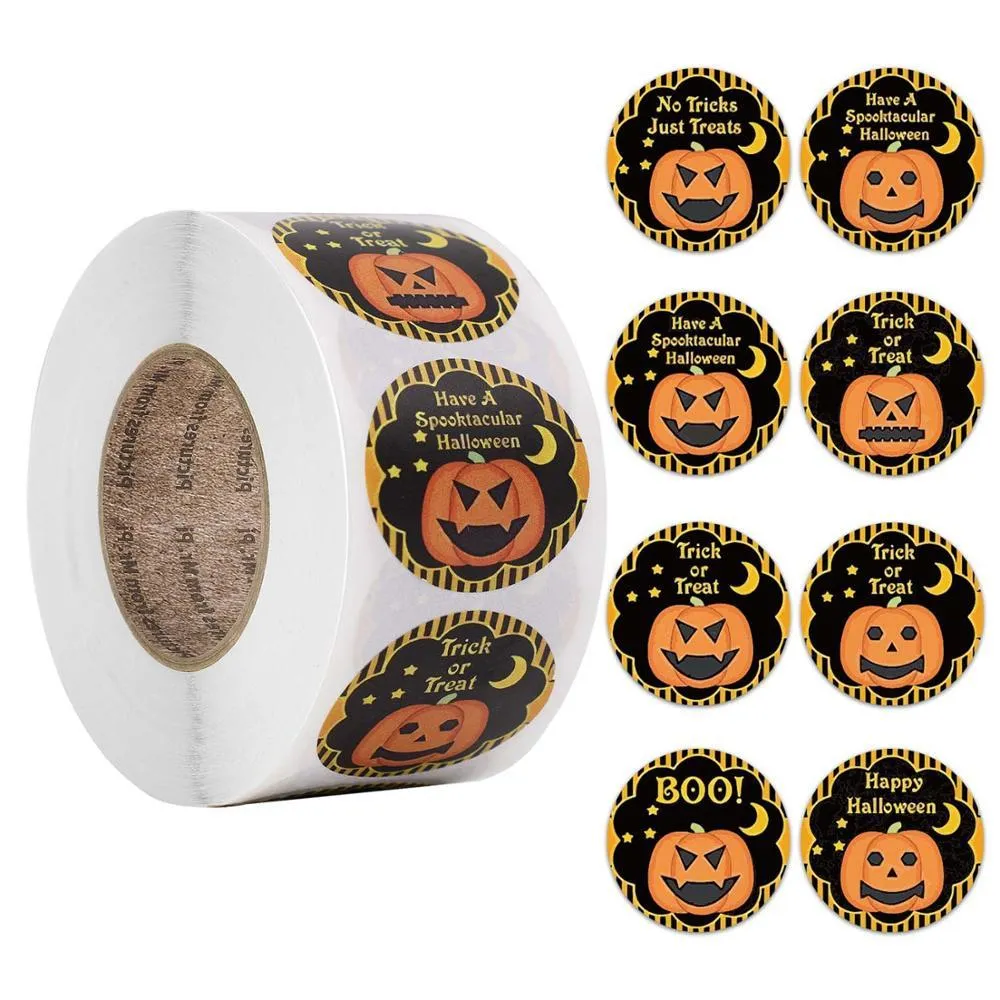 Roll of 500 Halloween pumpkin pattern PVC stickers in candy colours, each 2.5 cm diameter