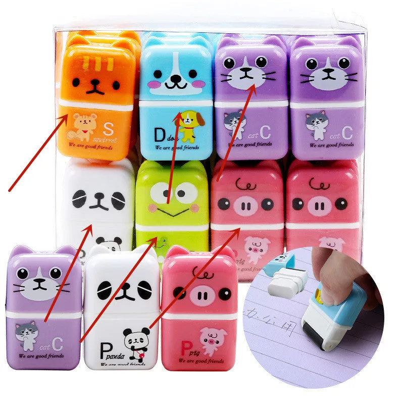 Set of 6 cute animal cartoon erasers in mixed colours, each 3x1.5x5cm, on a white background.