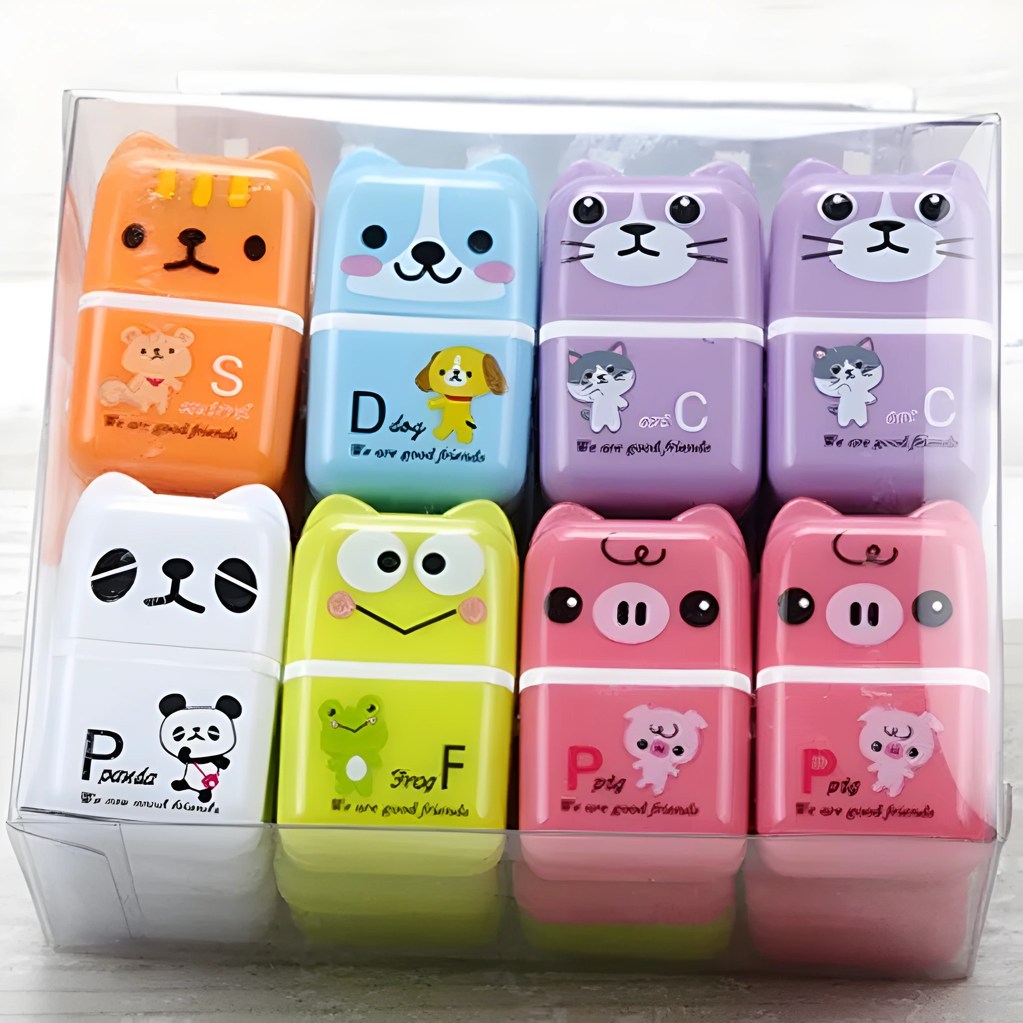 Set of 6 cute animal cartoon erasers in mixed colours, each 3x1.5x5cm, on a white background.