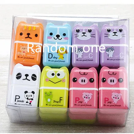 Set of 6 cute animal cartoon erasers in mixed colours, each 3x1.5x5cm, on a white background.