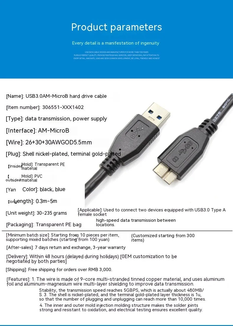USB 3.0 transmission data cable in black, length 1.5m, on white background