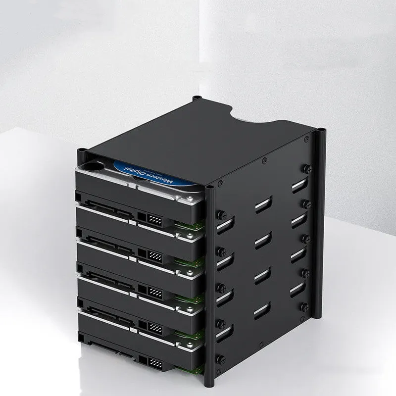 Black metal 5-layer hard drive storage bracket for 3.5-inch disks with screwdriver and screws on a desk