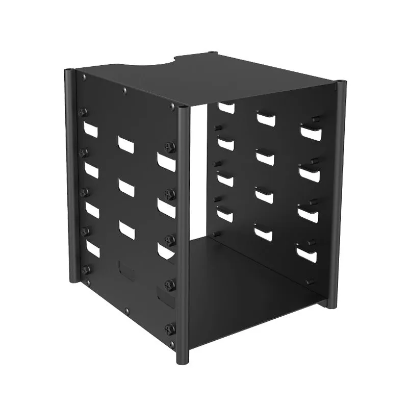Black metal 5-layer hard drive storage bracket for 3.5-inch disks with screwdriver and screws on a desk