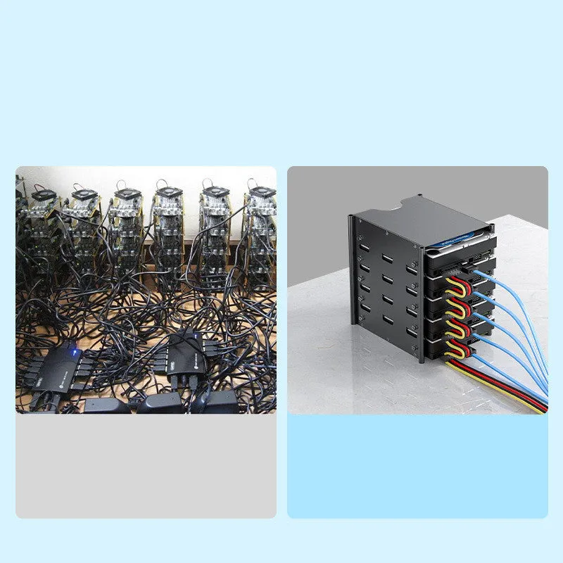 Black metal 5-layer hard drive storage bracket for 3.5-inch disks with screwdriver and screws on a desk