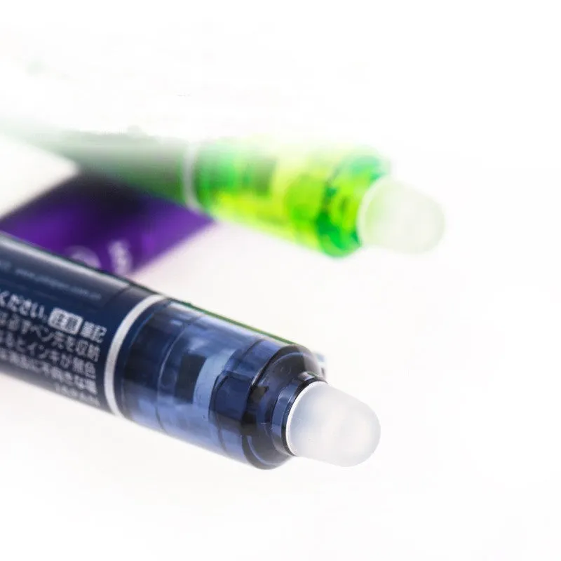 Ten colour press open neutral pen set with 0.5mm fine tips and scrub erasers in black, red, and blue shells.