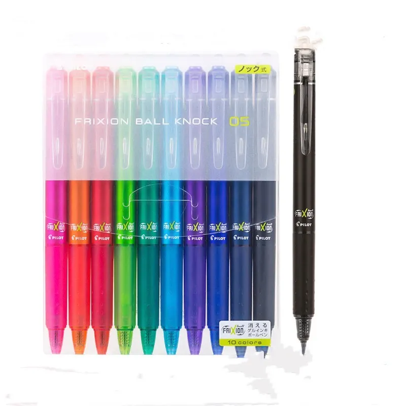 Ten colour press open neutral pen set with 0.5mm fine tips and scrub erasers in black, red, and blue shells.