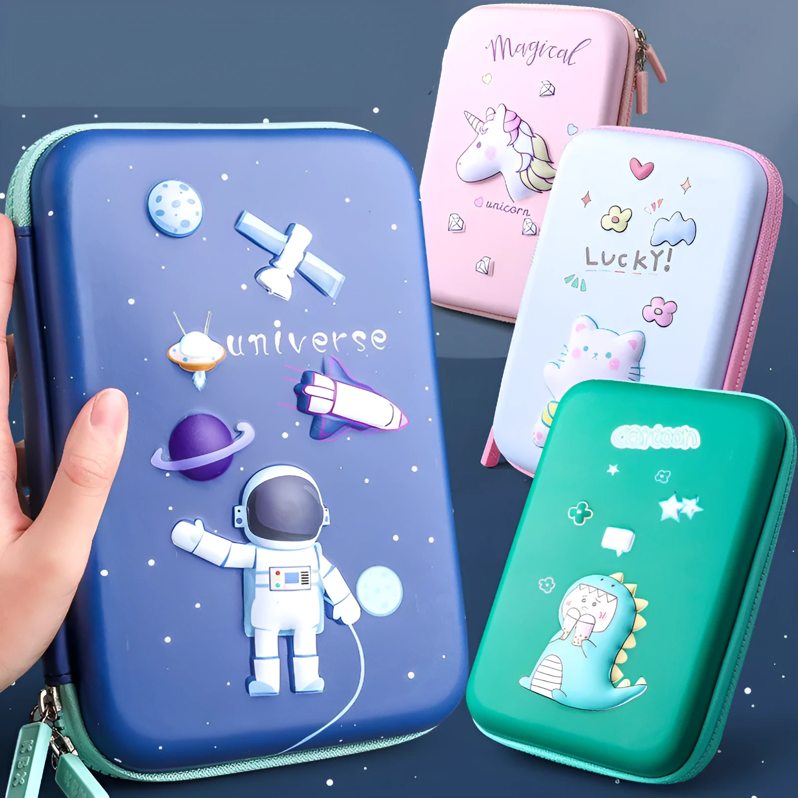Large capacity EVA pencil case for children with cartoon pattern in blue
