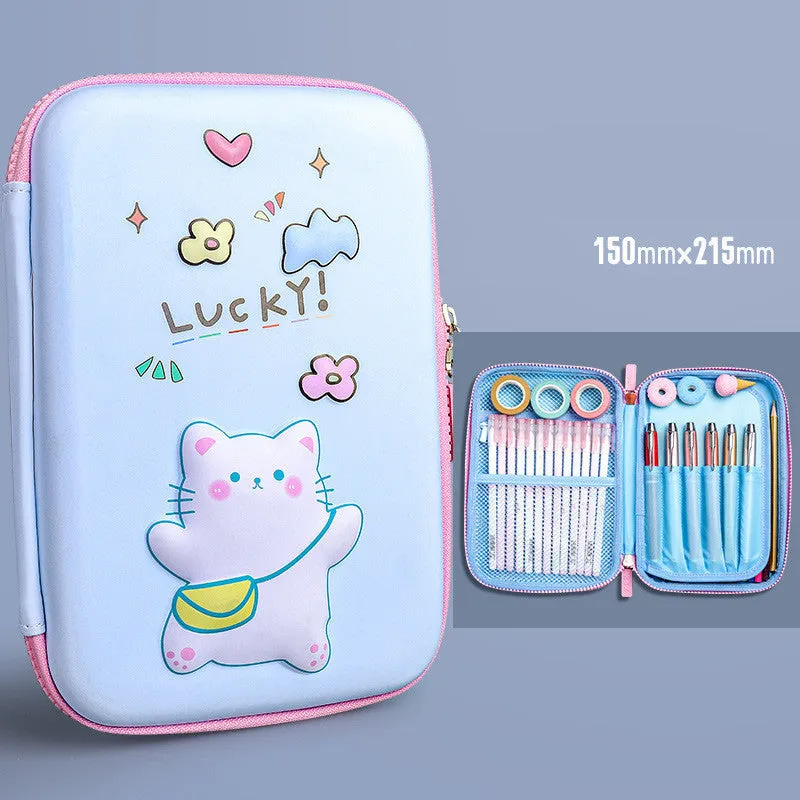 Large capacity EVA pencil case for children with cartoon pattern in blue