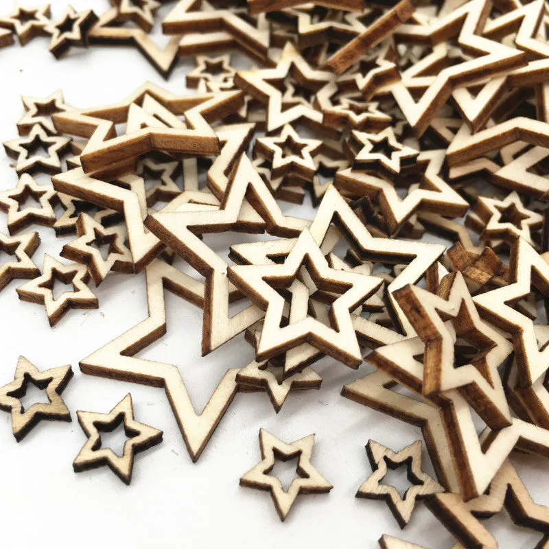 Wooden MDF hollow five-pointed star pendants in 10mm 20mm 30mm sizes with landscape flowers pattern individually packed