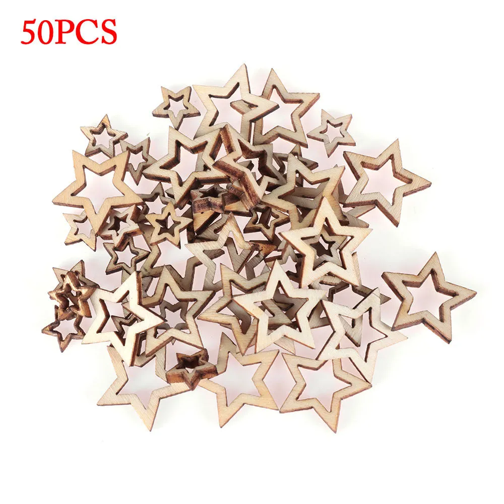 Wooden MDF hollow five-pointed star pendants in 10mm 20mm 30mm sizes with landscape flowers pattern individually packed