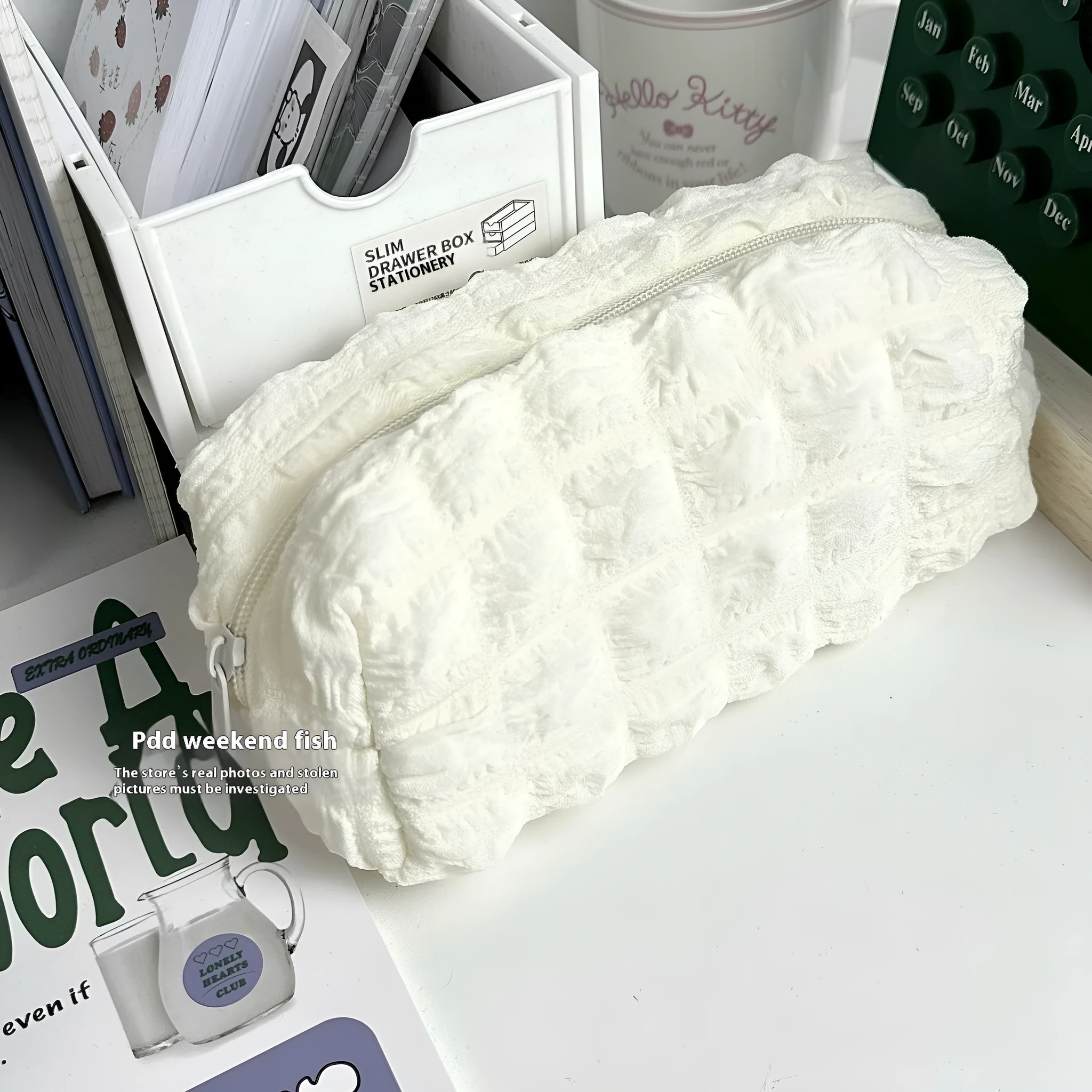 Cream puff personality design fabric pencil case in beige and black colour options