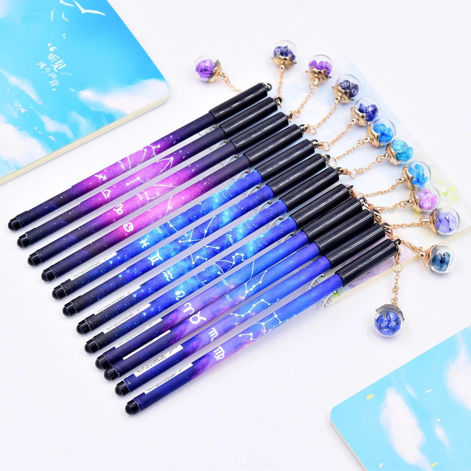 Twelve Constellations romantic black gel pen with zodiac pendant, 0.5mm tip, plastic body, 16cm, random colour