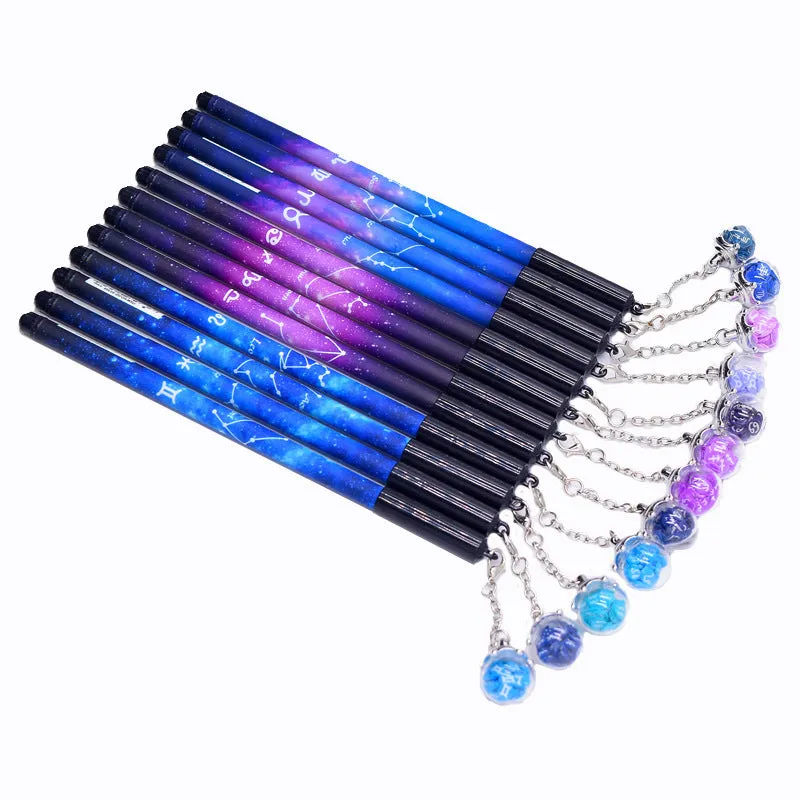 Twelve Constellations romantic black gel pen with zodiac pendant, 0.5mm tip, plastic body, 16cm, random colour