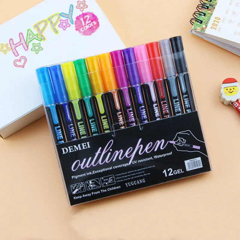 12 colour set of metal shell double line outline highlighters with round tips plastic packed