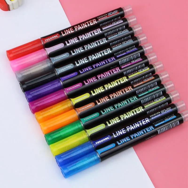 12 colour set of metal shell double line outline highlighters with round tips plastic packed