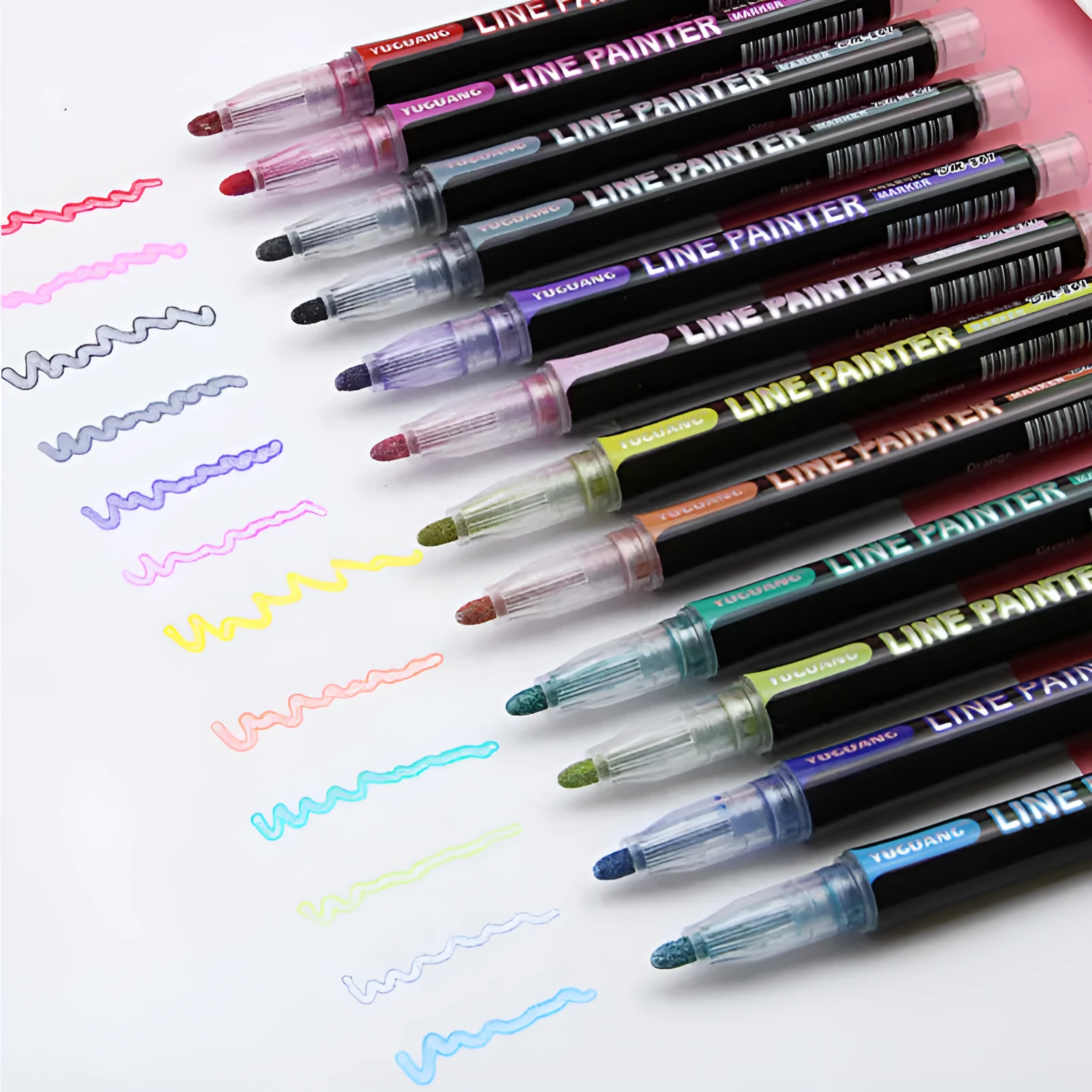 12 colour set of metal shell double line outline highlighters with round tips plastic packed