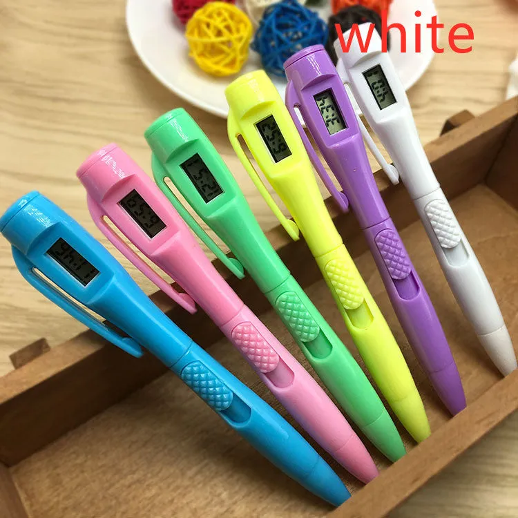 Electronic watch test ballpoint pen with plastic shell in a colour option, on a plain background