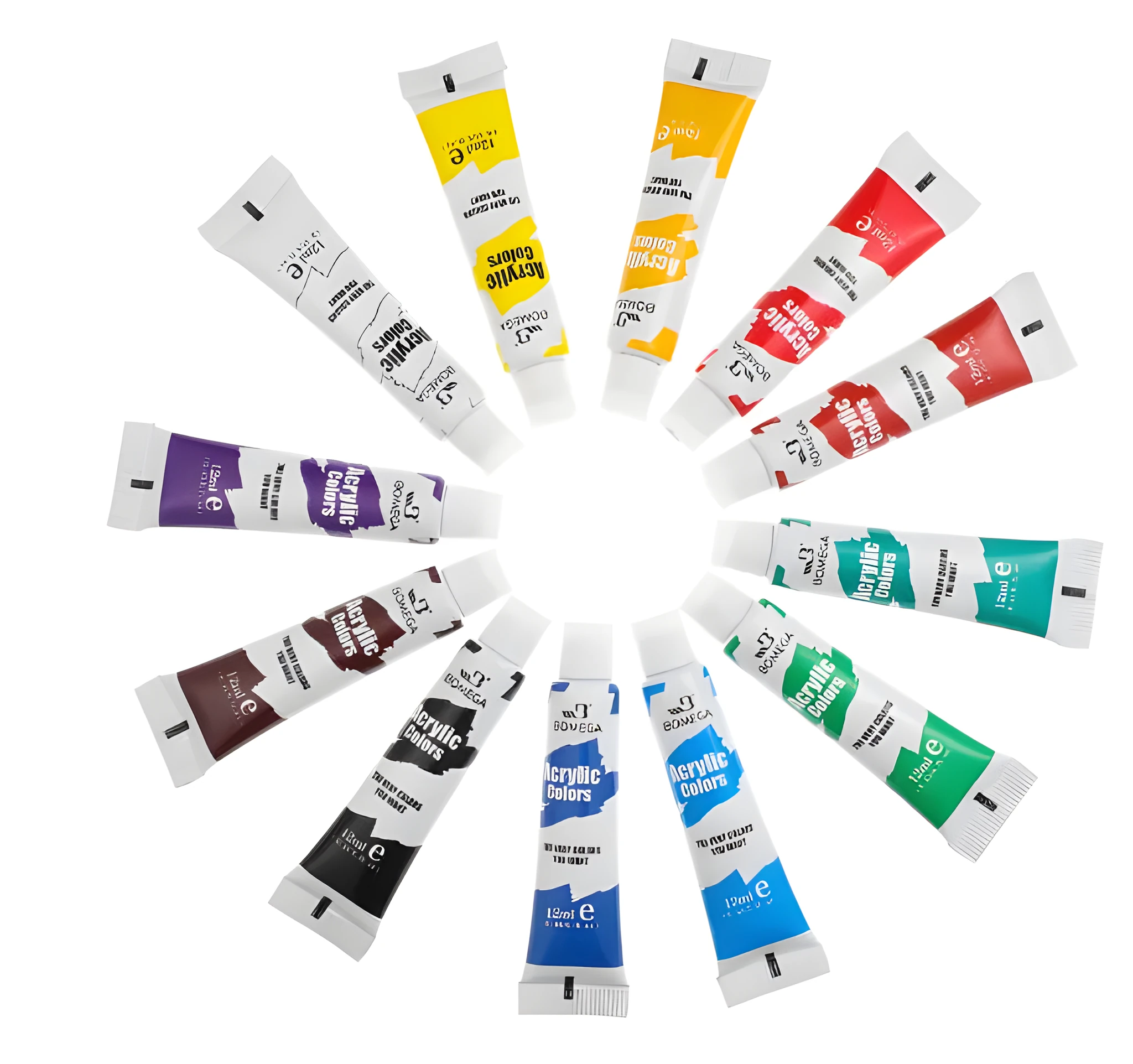 Set of twelve-colour paint tubes for acrylic, gouache, watercolour, oil, glass, and textile art.