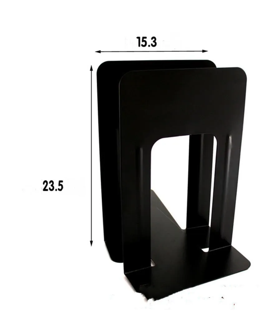 Metal bookend in blue holding books upright on a shelf with non-slip base