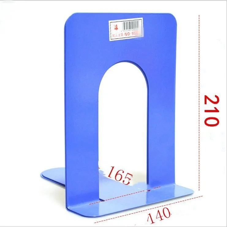 Metal bookend in blue holding books upright on a shelf with non-slip base