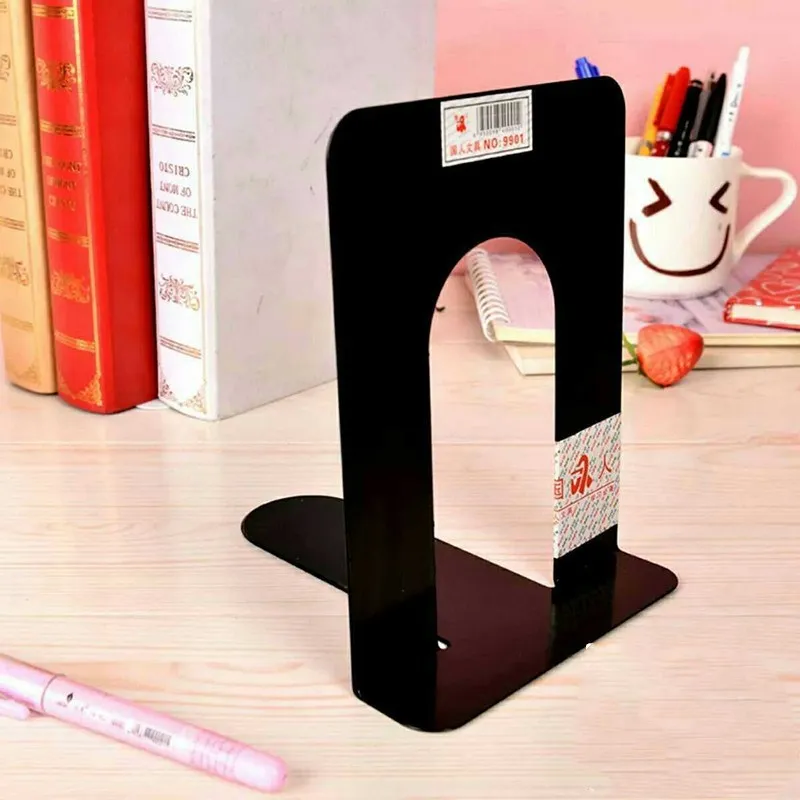 Metal bookend in blue holding books upright on a shelf with non-slip base