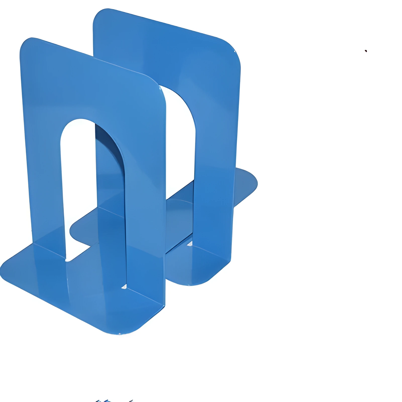 Metal bookend in blue holding books upright on a shelf with non-slip base