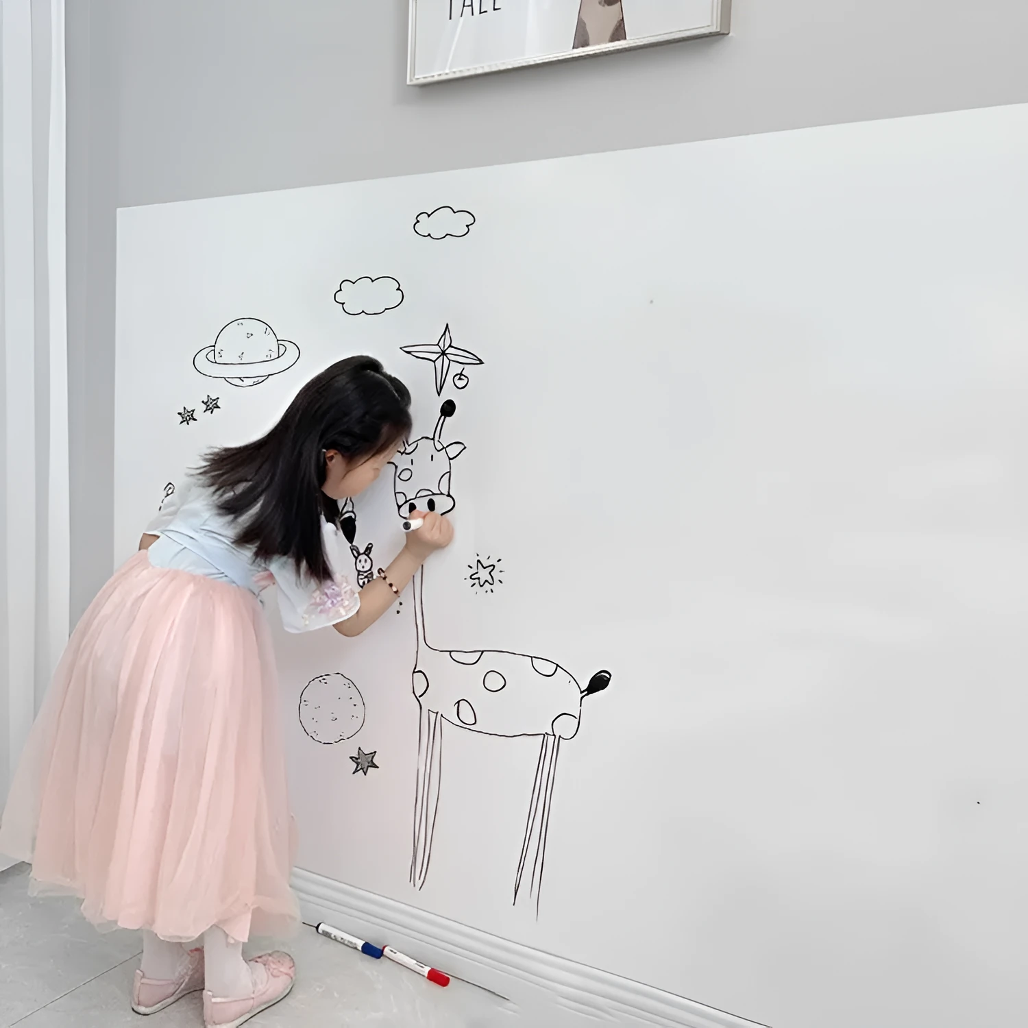 Removable electrostatic whiteboard wall sticker in solid white, PP material, size 90x200cm for children's room