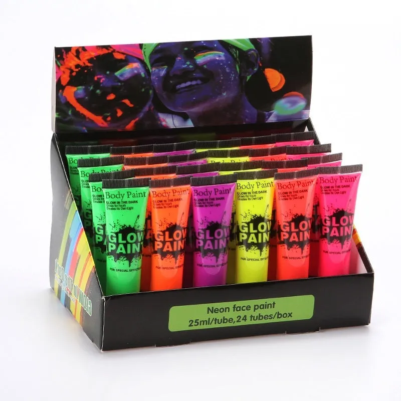 Non-toxic neon face and body paint gouache in 25ml plastic squeeze bottles showing colours green, orange, pink, purple, red, and yellow.