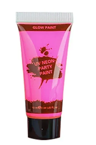Non-toxic neon face and body paint gouache in 25ml plastic squeeze bottles showing colours green, orange, pink, purple, red, and yellow.