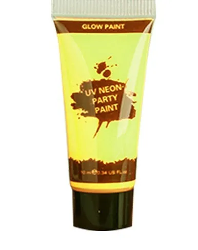 Non-toxic neon face and body paint gouache in 25ml plastic squeeze bottles showing colours green, orange, pink, purple, red, and yellow.