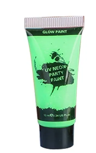 Non-toxic neon face and body paint gouache in 25ml plastic squeeze bottles showing colours green, orange, pink, purple, red, and yellow.